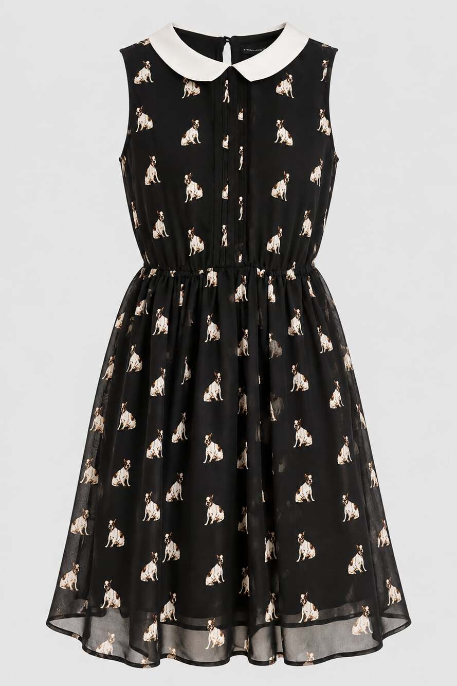 Atmosphere French Bulldog Peter Pan Collar Dress Black Chiffon Retro US 6 UK 10